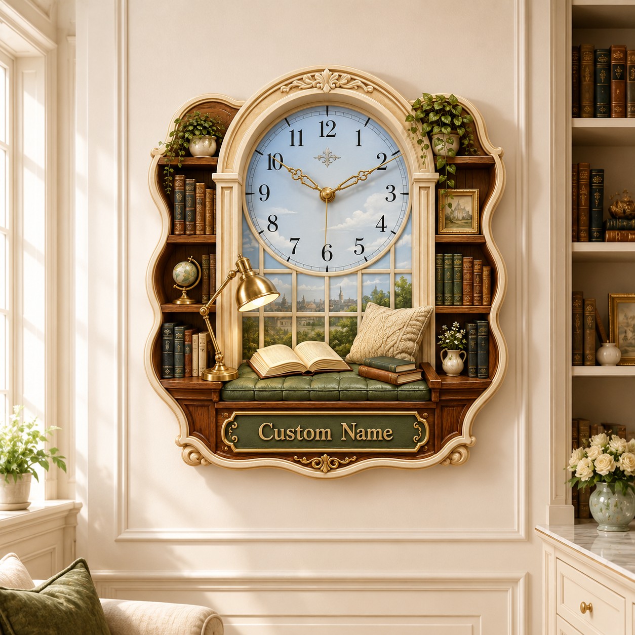 Personalized Window Library Wall Clock with Custom Name — personalized with a custom name