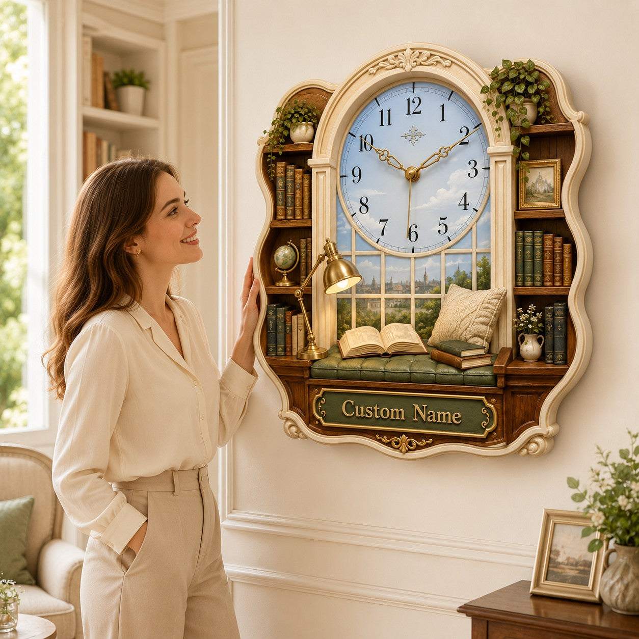 Personalized Window Library Wall Clock with Custom Name — personalized with a custom name