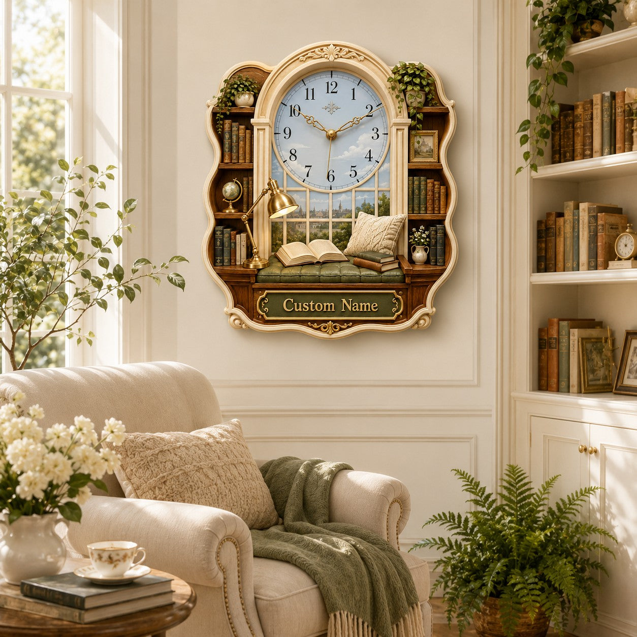 Personalized Window Library Wall Clock with Custom Name — personalized with a custom name