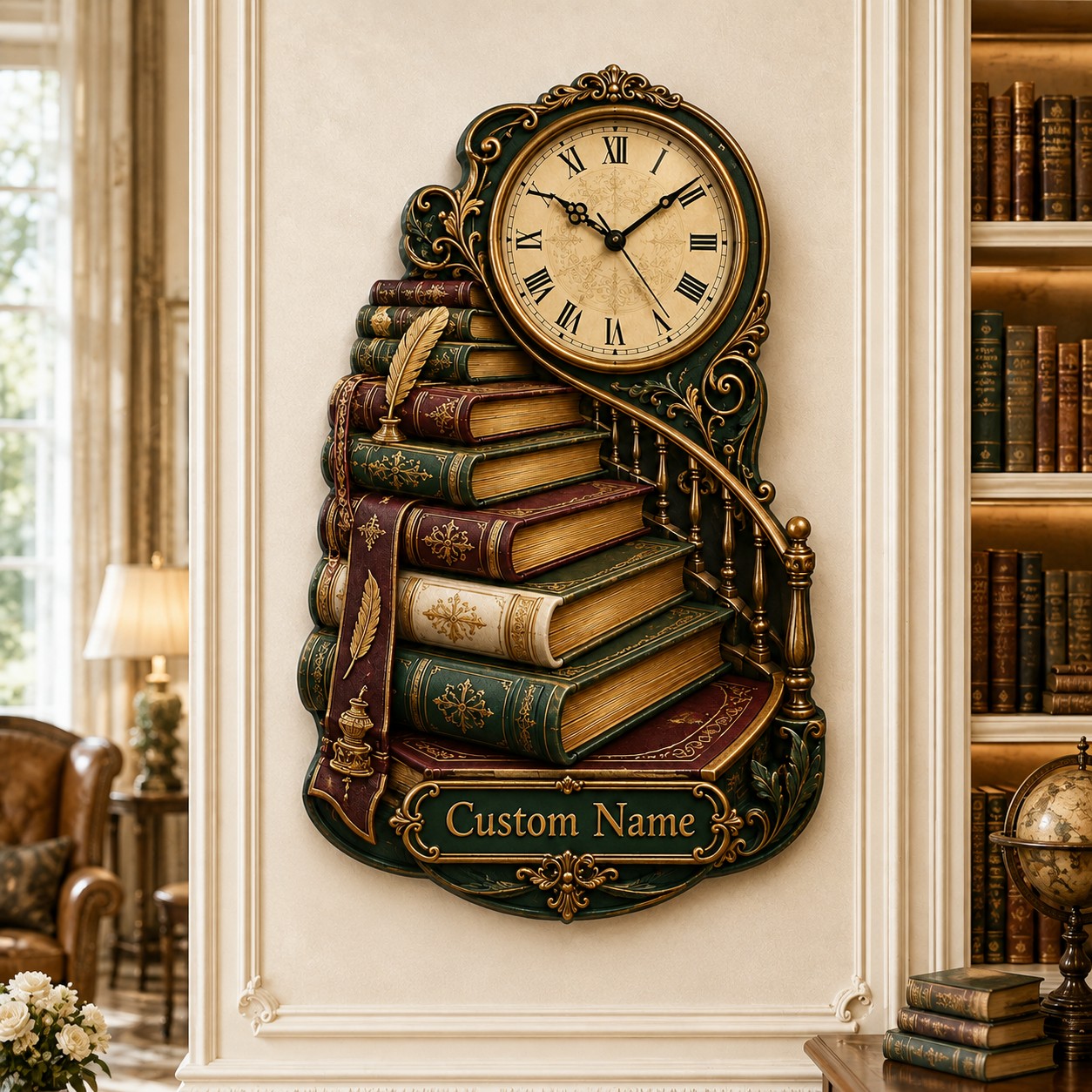 Personalized Vintage Book Staircase Wall Clock with Custom Name — personalized with a custom name