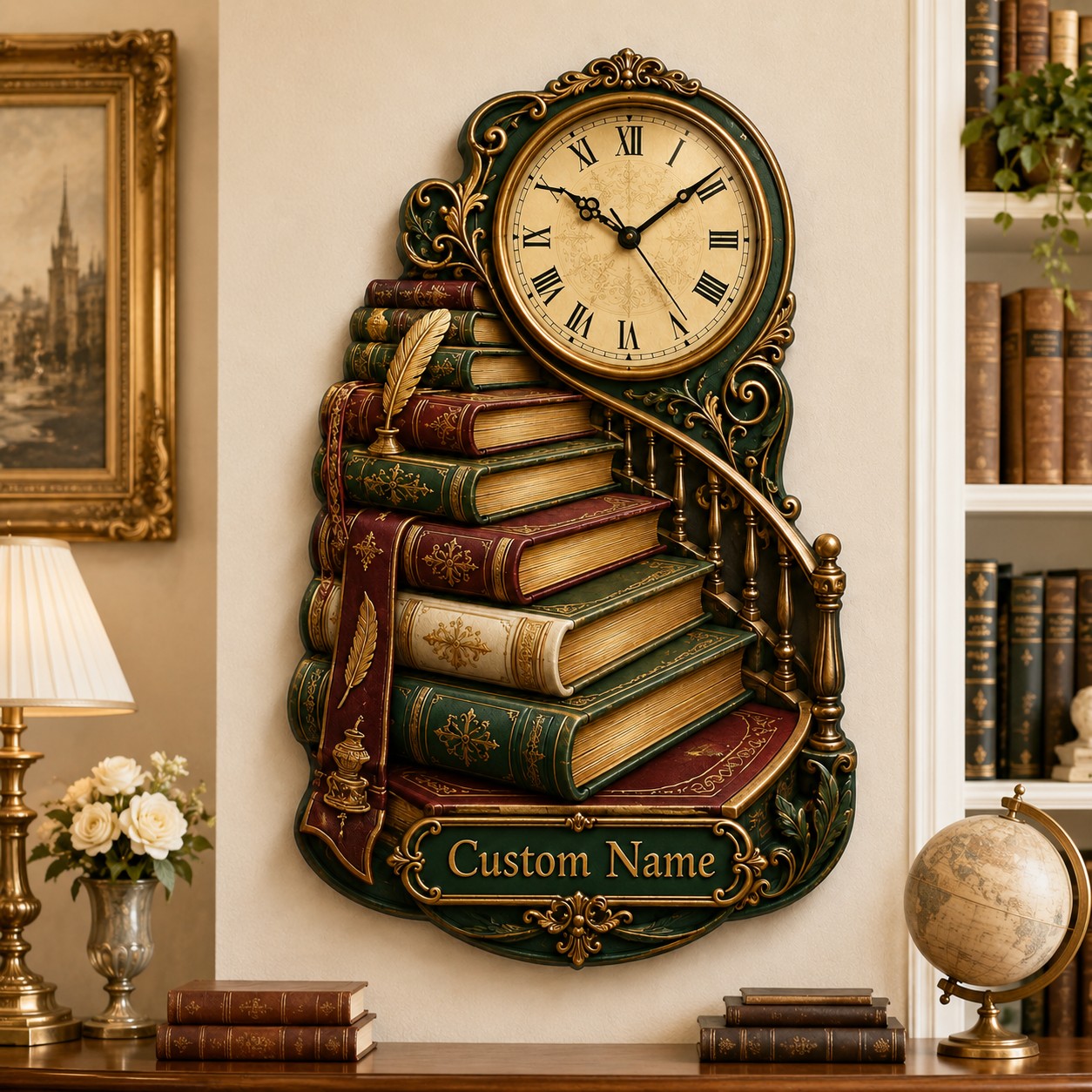 Personalized Vintage Book Staircase Wall Clock with Custom Name — personalized with a custom name