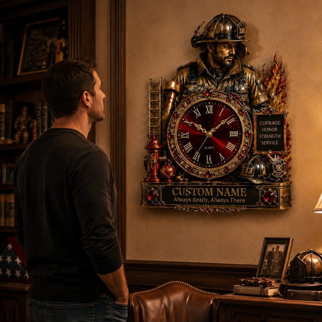 Personalized Firefighter Wall Clock, Custom Name Gift for Firefighters — personalized with a custom name