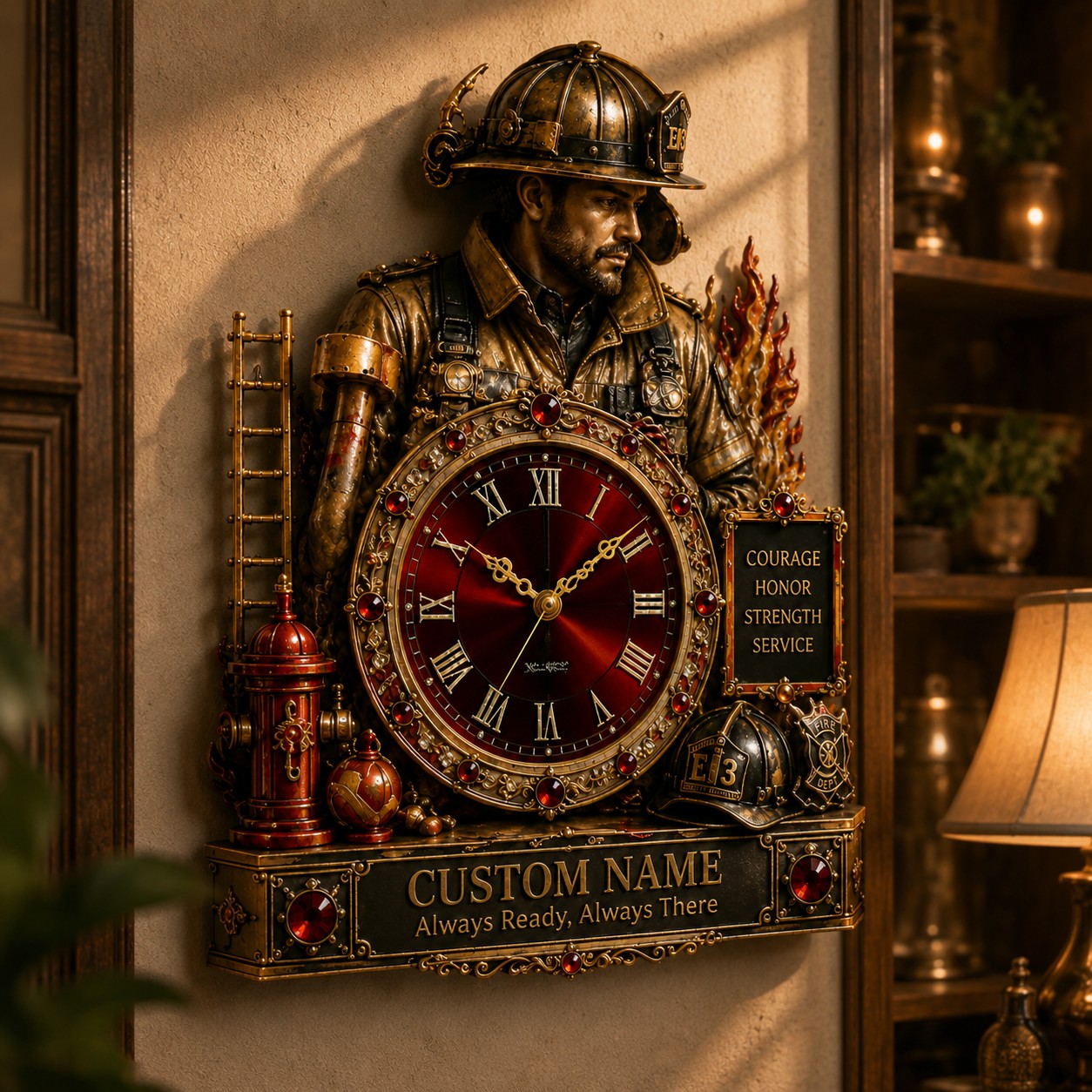 Personalized Firefighter Wall Clock, Custom Name Gift for Firefighters — personalized with a custom name