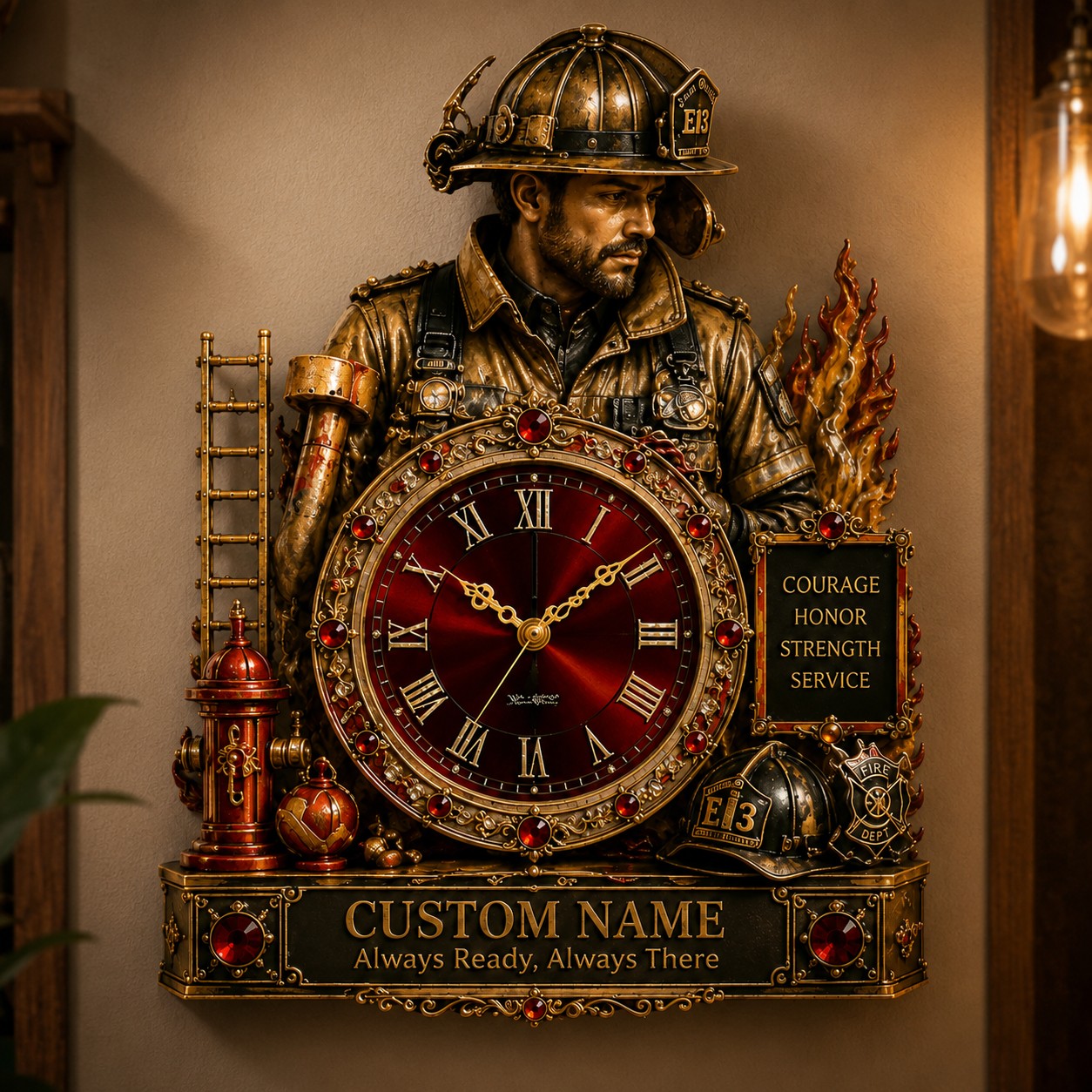 Personalized Firefighter Wall Clock, Custom Name Gift for Firefighters — personalized with a custom name