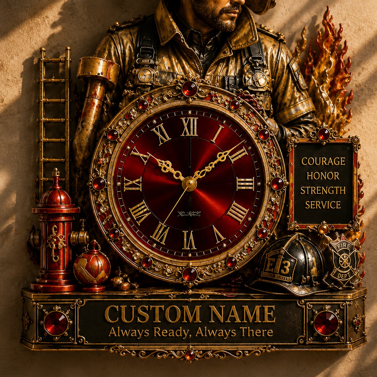 Personalized Firefighter Wall Clock, Custom Name Gift for Firefighters — personalized with a custom name