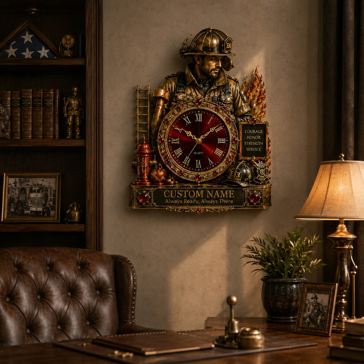 Personalized Firefighter Wall Clock, Custom Name Gift for Firefighters — personalized with a custom name