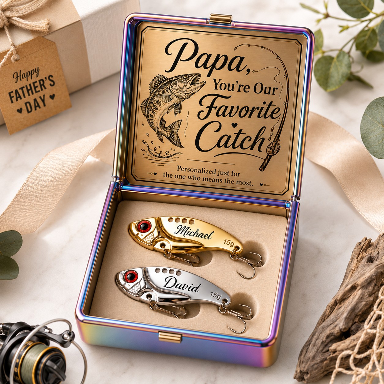 Personalized Gold Silver Fishing Lures Wall Clock with Custom Name — personalized with a custom name