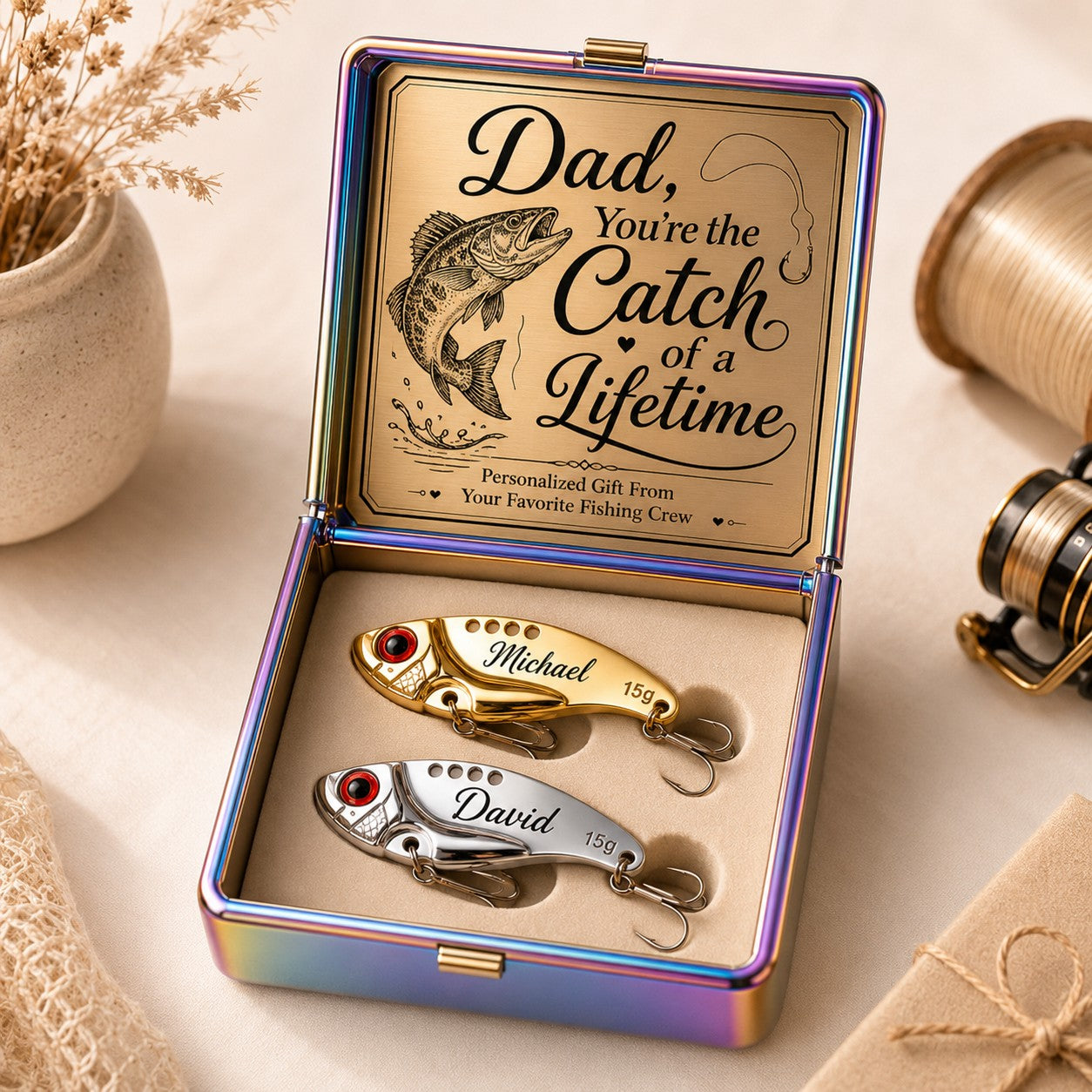Personalized Gold Silver Fishing Lures Wall Clock with Custom Name — personalized with a custom name