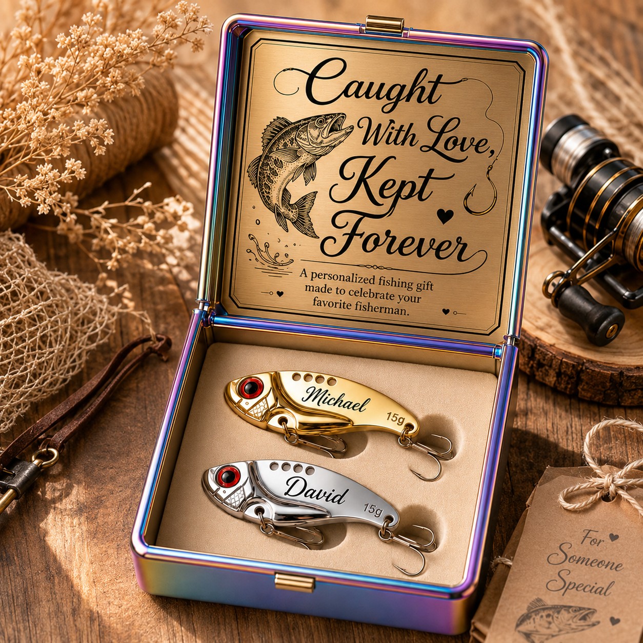 Personalized Gold Silver Fishing Lures Wall Clock with Custom Name — personalized with a custom name