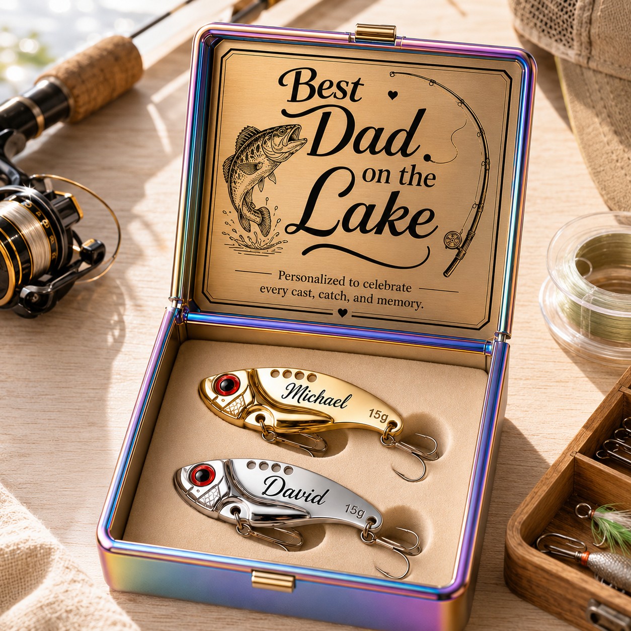 Personalized Gold Silver Fishing Lures Wall Clock with Custom Name — personalized with a custom name