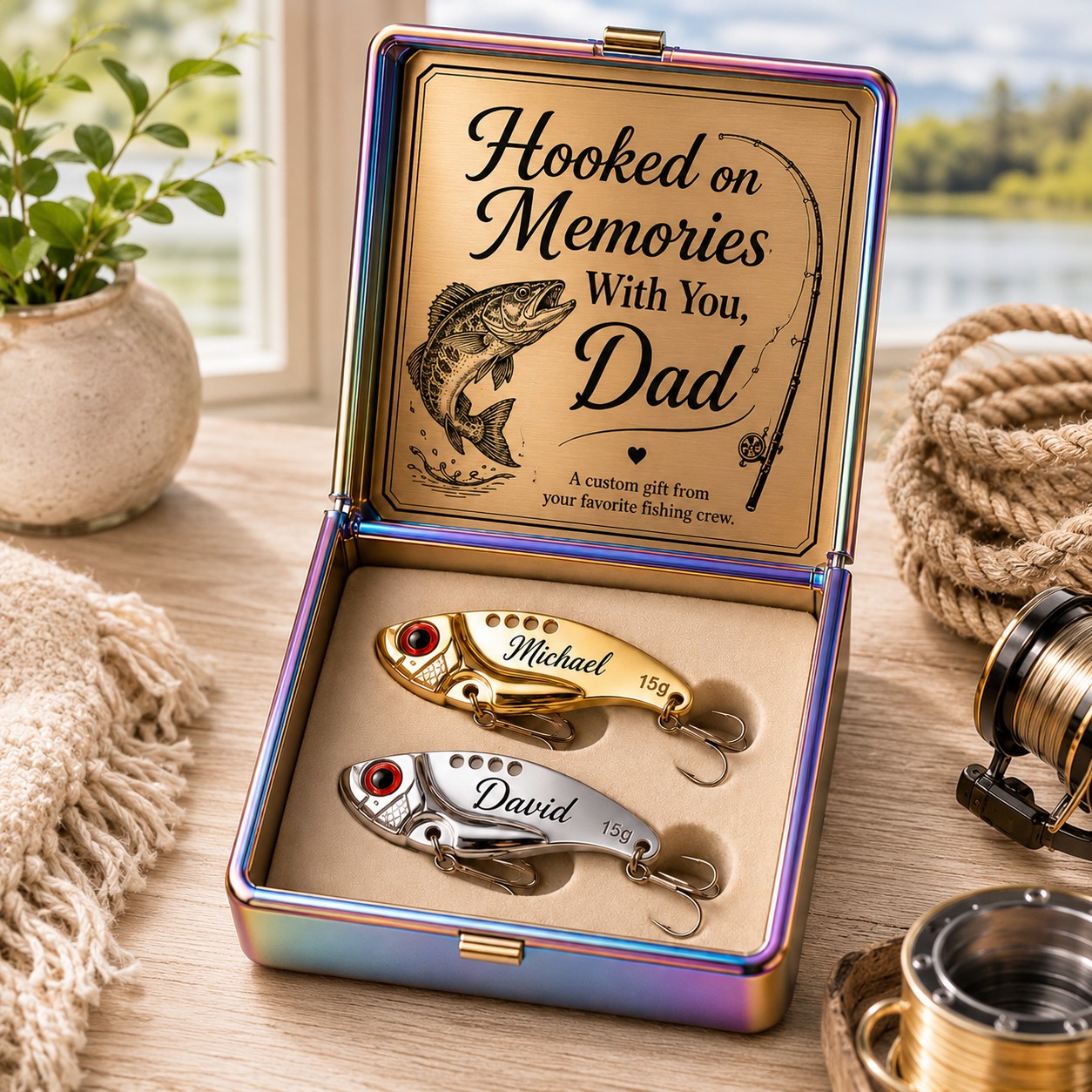 Personalized Gold Silver Fishing Lures Wall Clock with Custom Name — personalized with a custom name