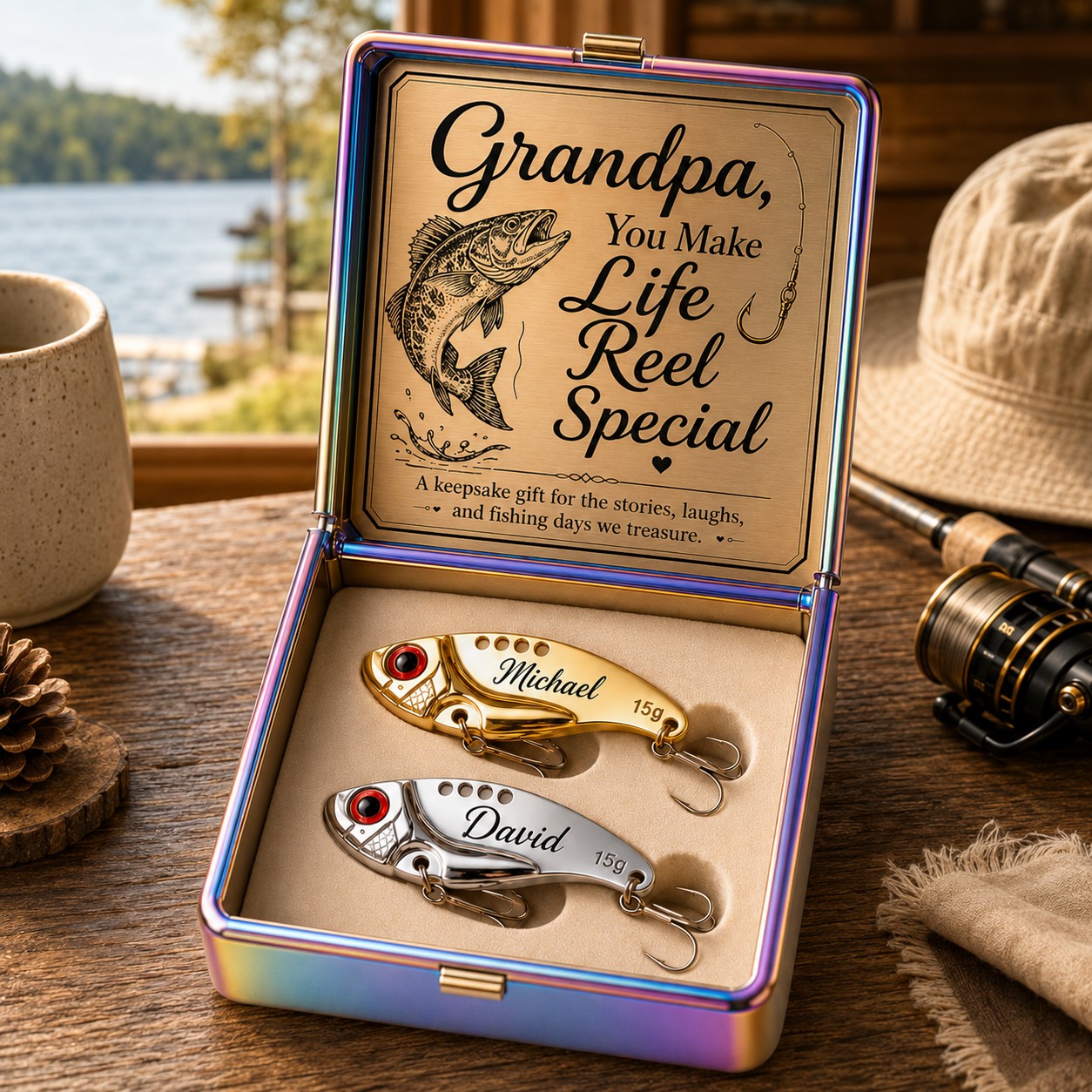 Personalized Gold Silver Fishing Lures Wall Clock with Custom Name — personalized with a custom name