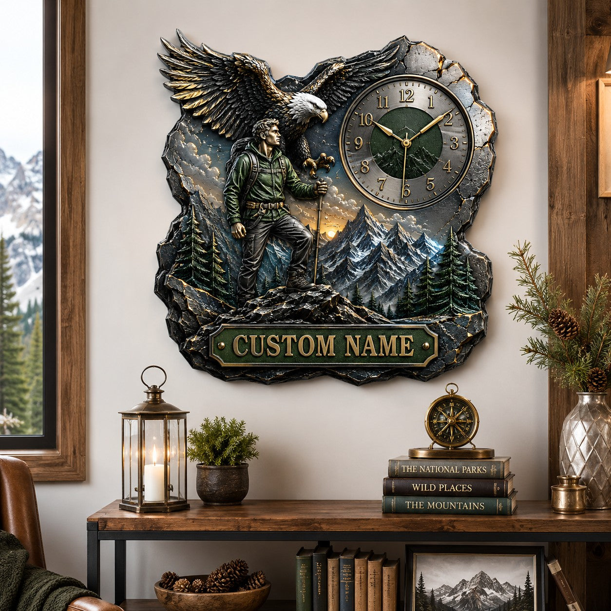 Personalized Eagle and Hiker Wall Clock with Custom Name — personalized with a custom name