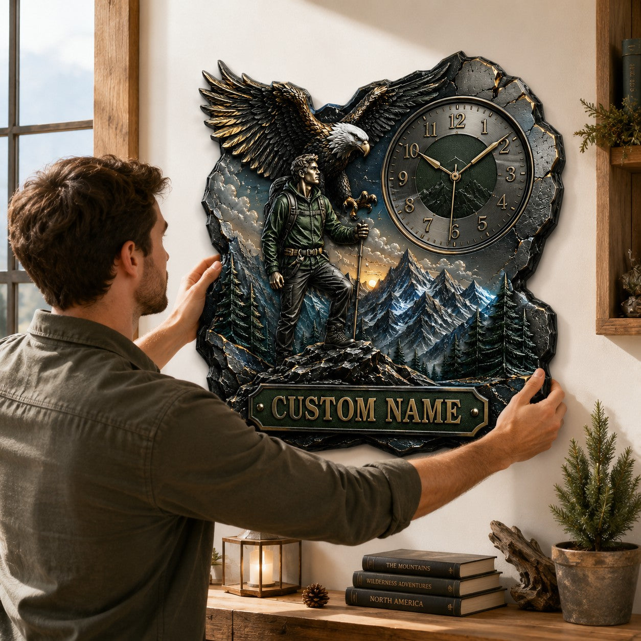 Personalized Eagle and Hiker Wall Clock with Custom Name — personalized with a custom name