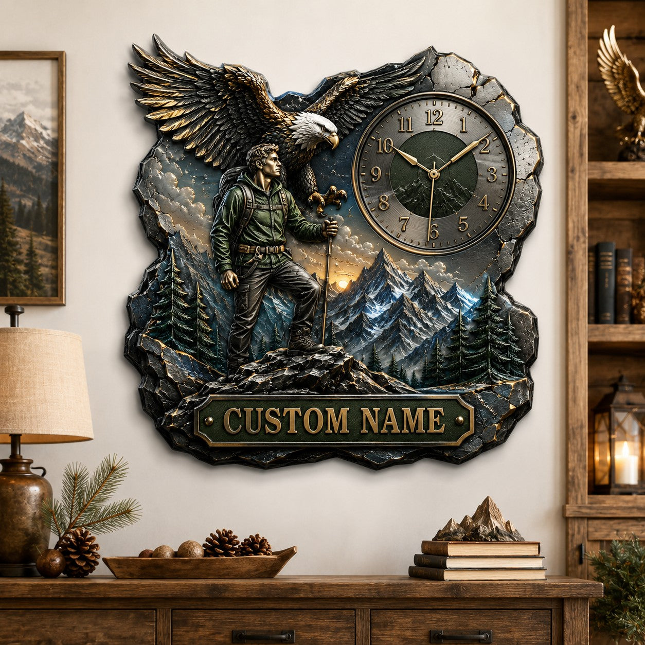 Personalized Eagle and Hiker Wall Clock with Custom Name — personalized with a custom name