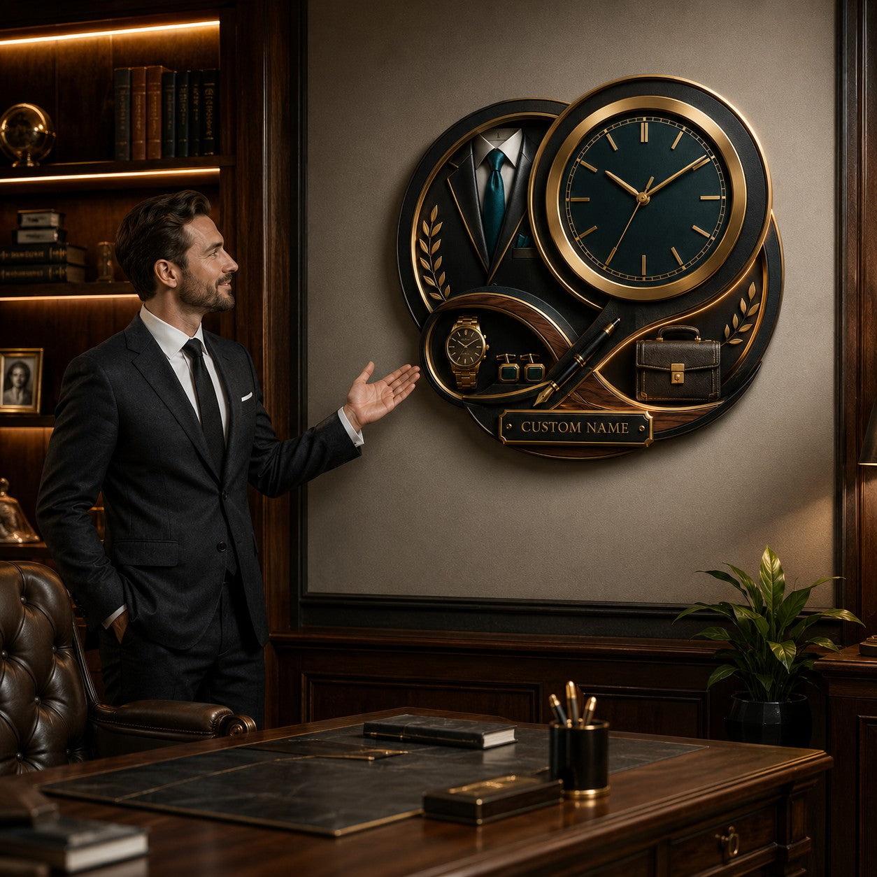 Personalized Executive Suit Wall Clock with Custom Name — personalized with a custom name