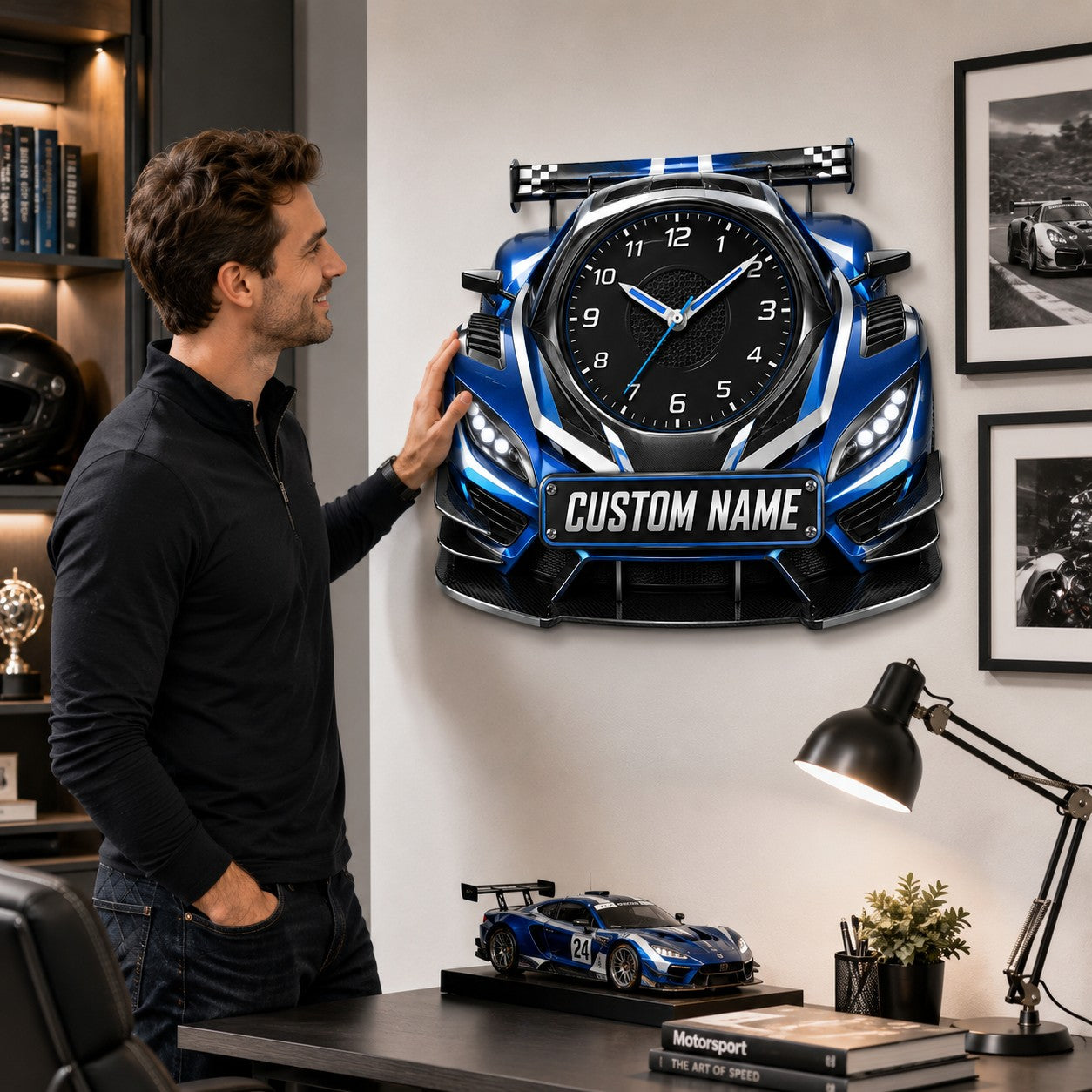 Personalized Blue Race Car Wall Clock with Custom Name — personalized with a custom name