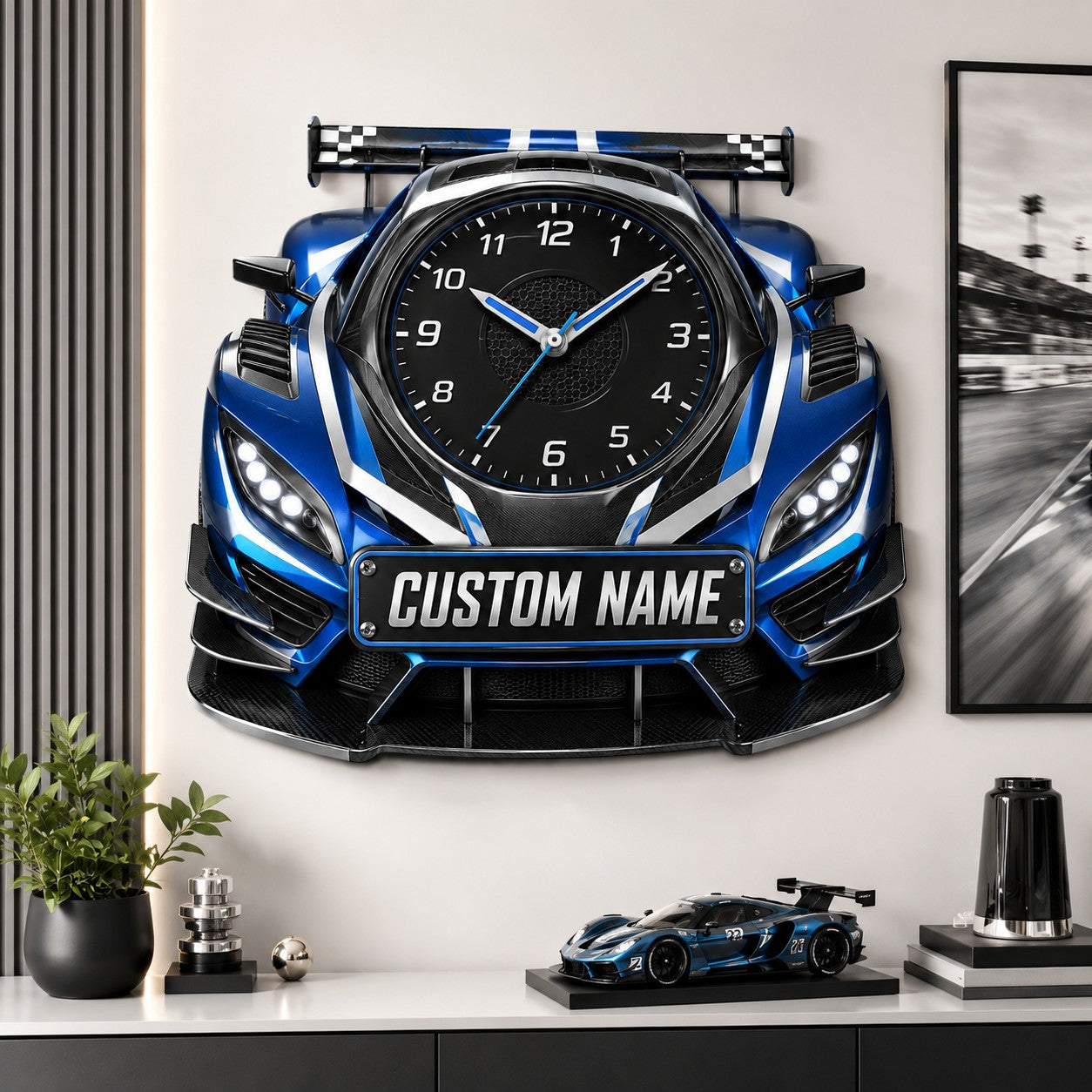 Personalized Blue Race Car Wall Clock with Custom Name — personalized with a custom name