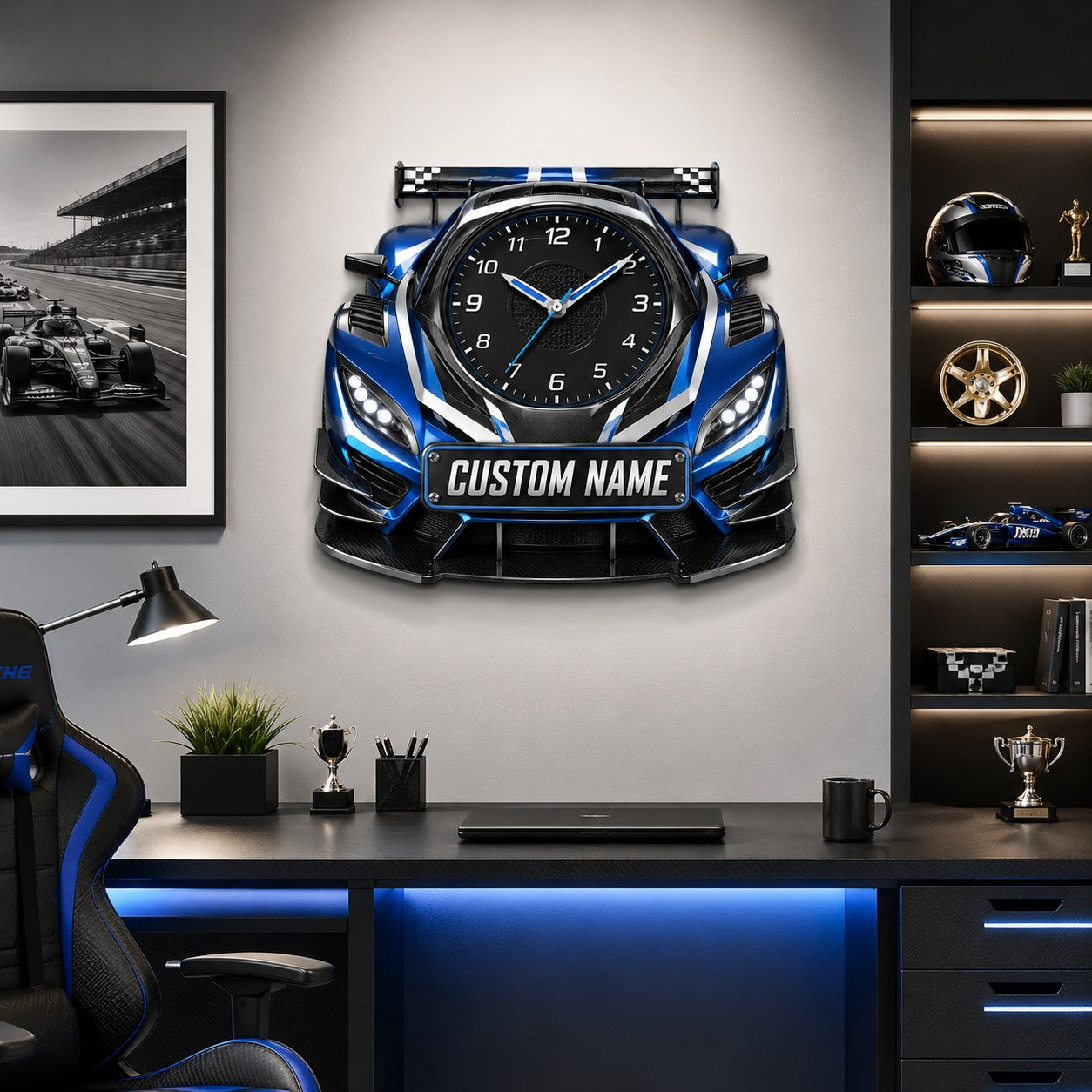 Personalized Blue Race Car Wall Clock with Custom Name — personalized with a custom name