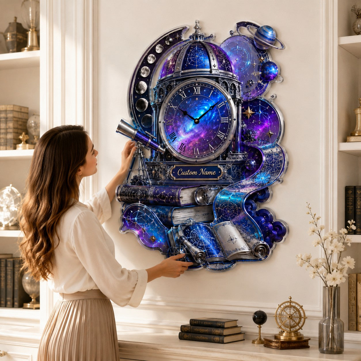 Personalized Cosmic Observatory Book Wall Clock with Custom Name — personalized with a custom name