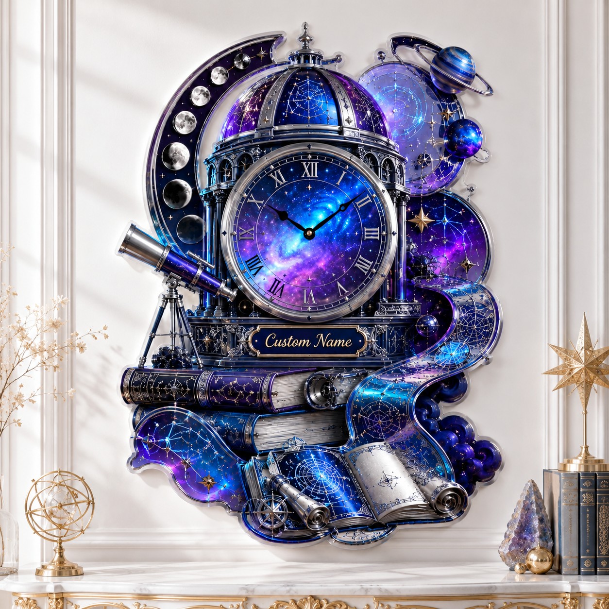 Personalized Cosmic Observatory Book Wall Clock with Custom Name — personalized with a custom name