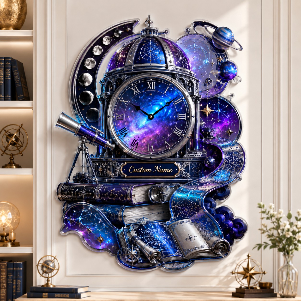Personalized Cosmic Observatory Book Wall Clock with Custom Name — personalized with a custom name
