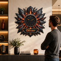 Personalized Fiery Industrial Wall Clock with Custom Name — personalized with a custom name