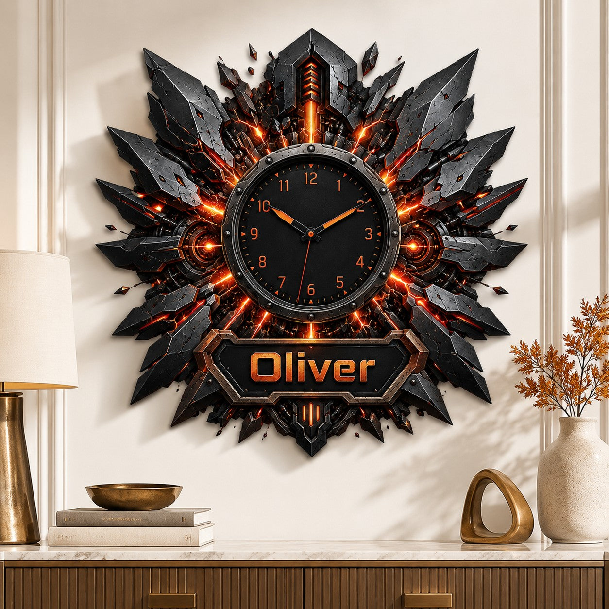 Personalized Fiery Industrial Wall Clock with Custom Name — personalized with a custom name