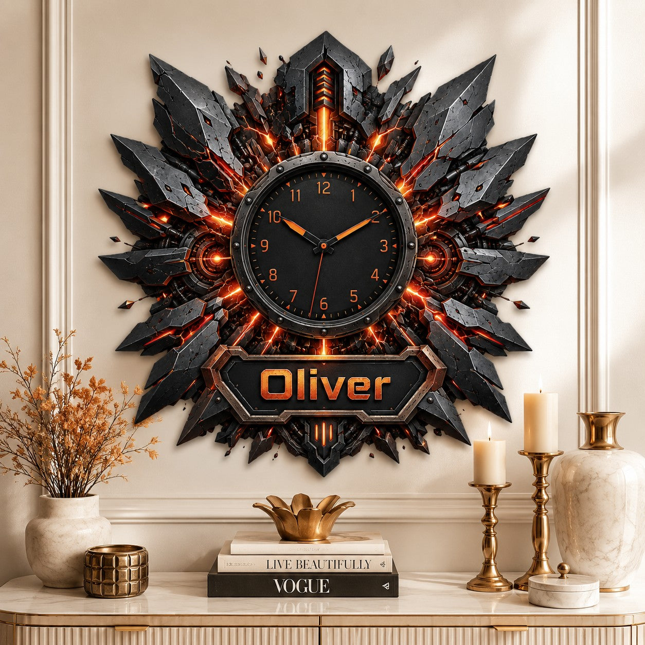 Personalized Fiery Industrial Wall Clock with Custom Name — personalized with a custom name