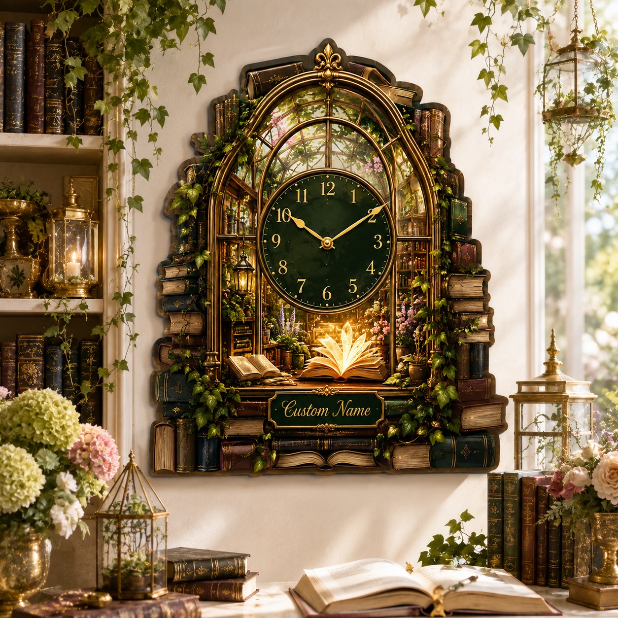 Personalized Enchanted Library Greenhouse Wall Clock with Custom Name — personalized with a custom name