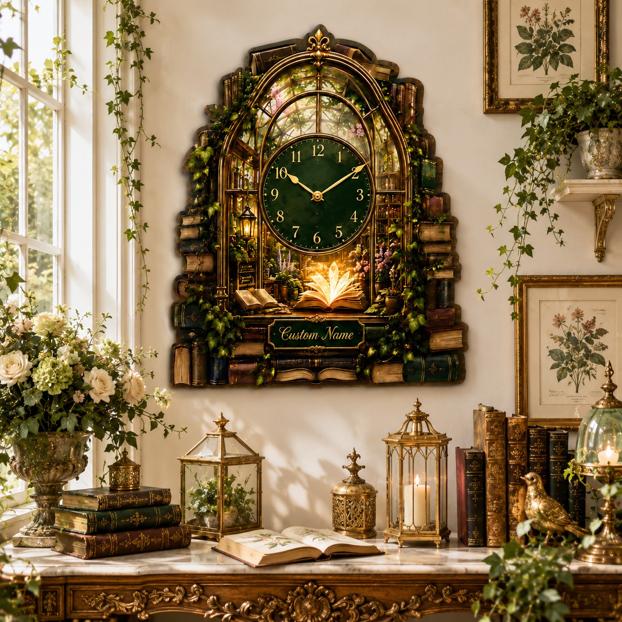 Personalized Enchanted Library Greenhouse Wall Clock with Custom Name — personalized with a custom name