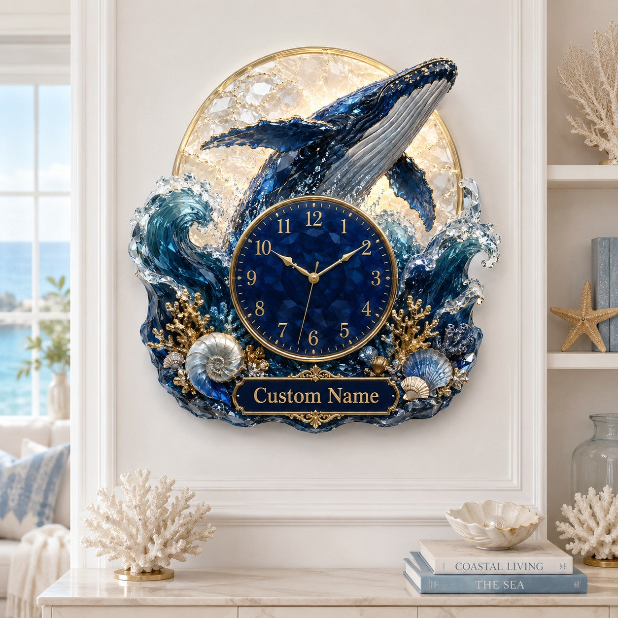 Personalized Breaching Whale Wall Clock with Custom Name — personalized with a custom name