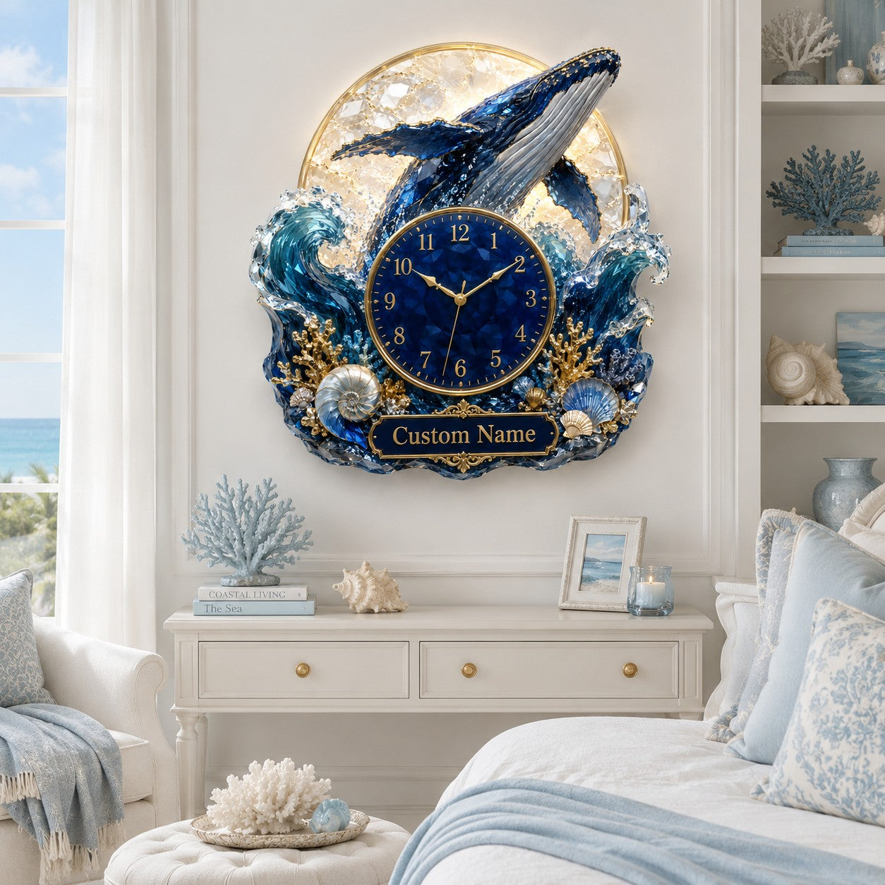 Personalized Breaching Whale Wall Clock with Custom Name — personalized with a custom name
