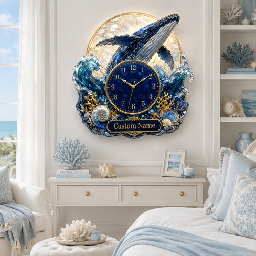 Personalized Breaching Whale Wall Clock with Custom Name — personalized with a custom name