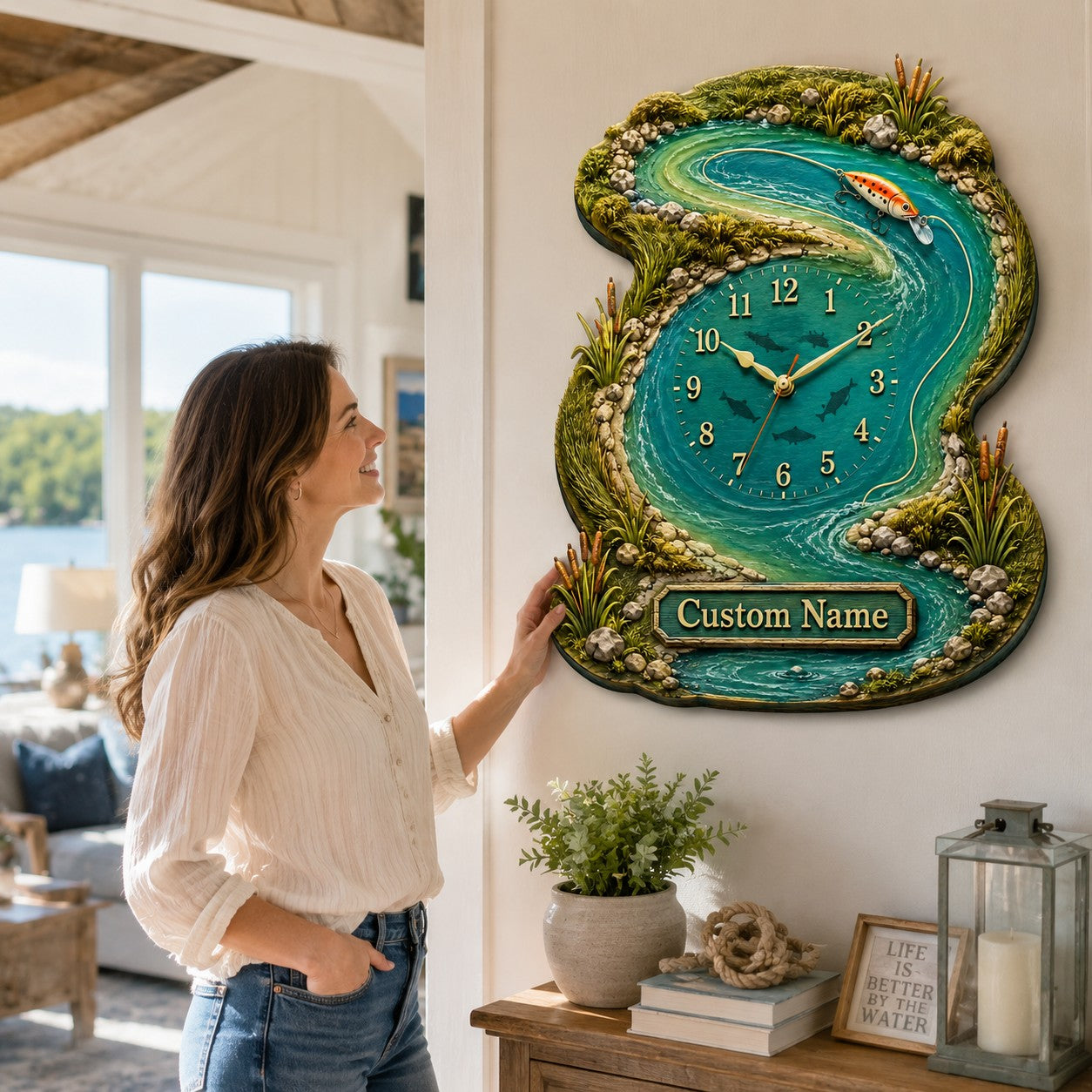 Personalized River Fishing Wall Clock, Custom Name Gift for Anglers — personalized with a custom name