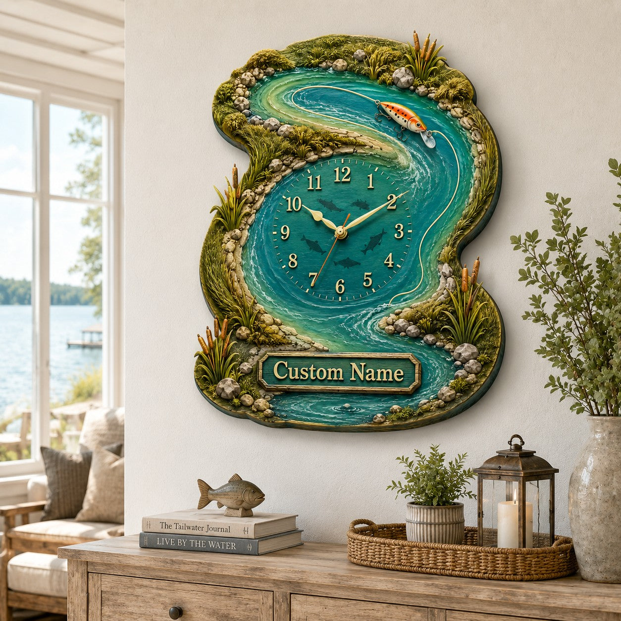 Personalized River Fishing Wall Clock, Custom Name Gift for Anglers — personalized with a custom name
