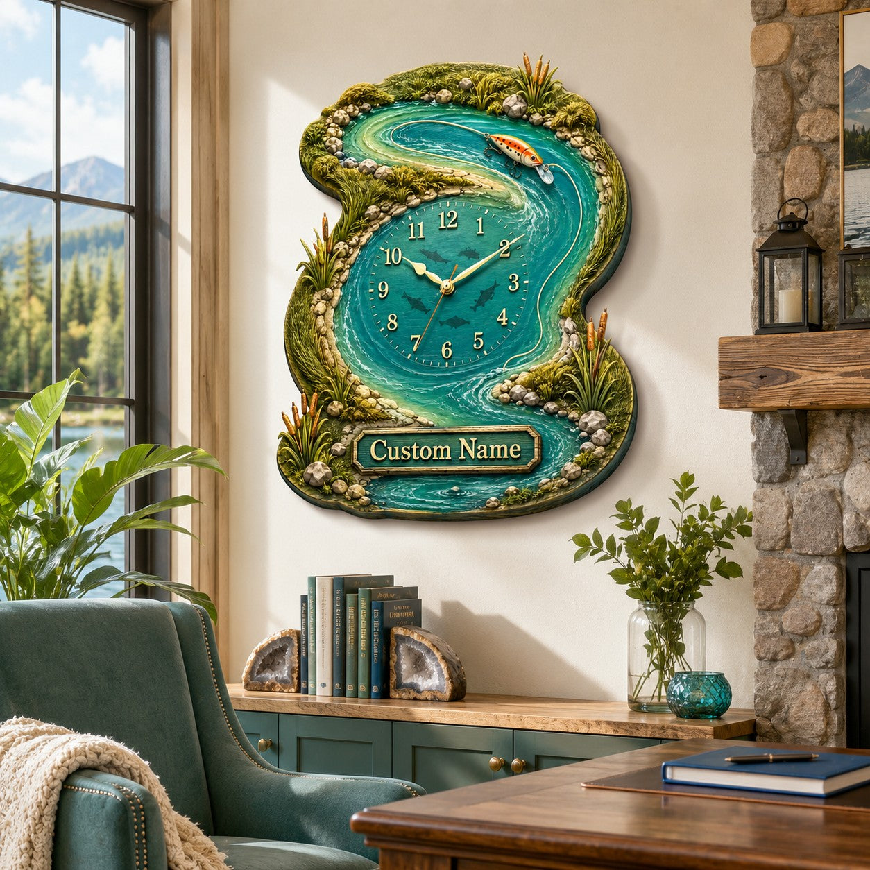 Personalized River Fishing Wall Clock, Custom Name Gift for Anglers — personalized with a custom name
