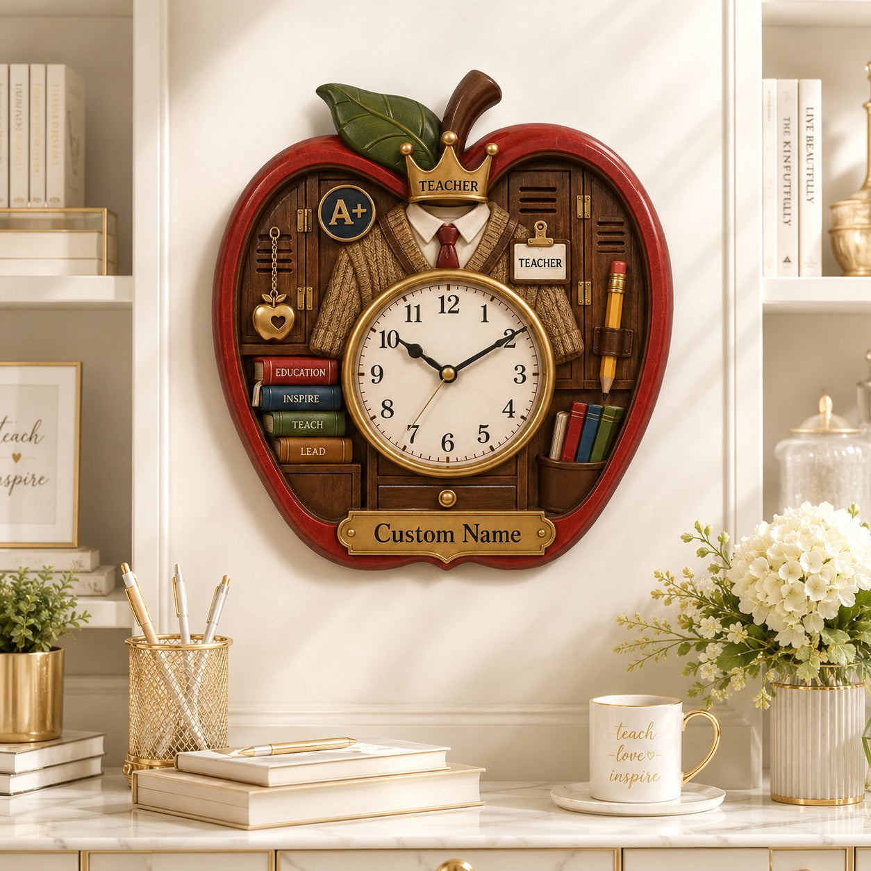 Personalized Apple Teacher Wall Clock, Custom Name Gift for Teachers — personalized with a custom name