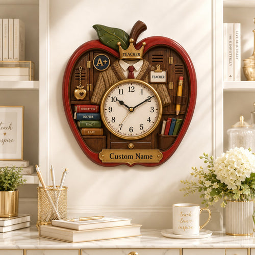 Personalized Apple Teacher Wall Clock, Custom Name Gift for Teachers — personalized with a custom name