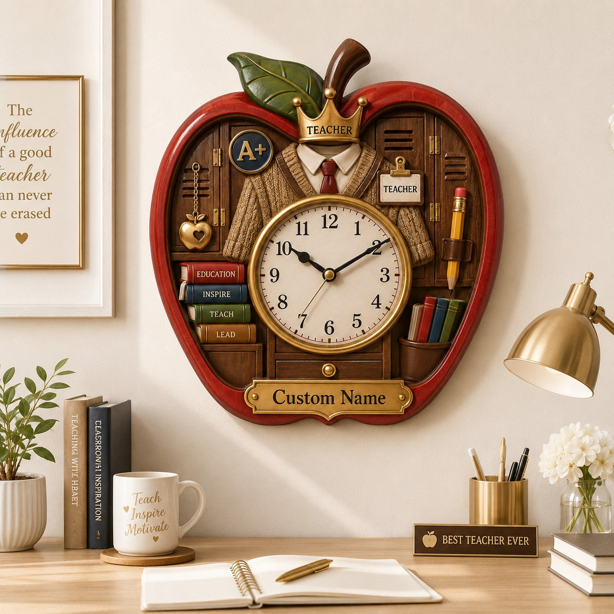 Personalized Apple Teacher Wall Clock, Custom Name Gift for Teachers — personalized with a custom name