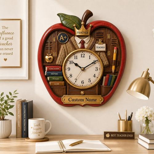 Personalized Apple Teacher Wall Clock, Custom Name Gift for Teachers — personalized with a custom name