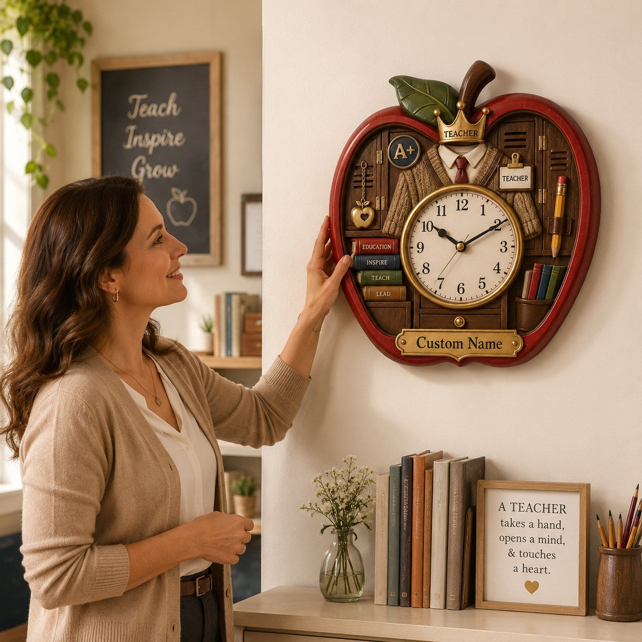 Personalized Apple Teacher Wall Clock, Custom Name Gift for Teachers — personalized with a custom name