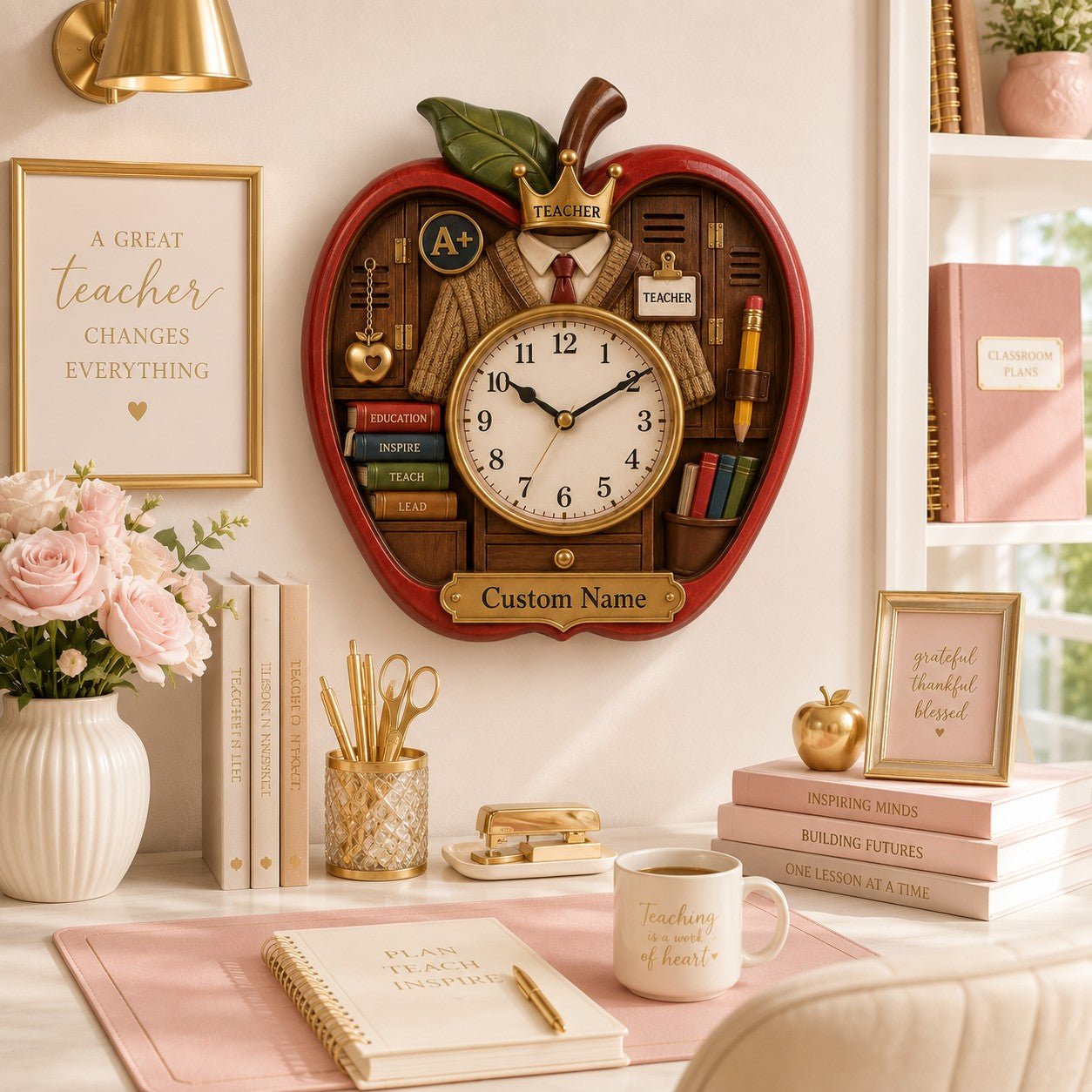 Personalized Apple Teacher Wall Clock, Custom Name Gift for Teachers — personalized with a custom name