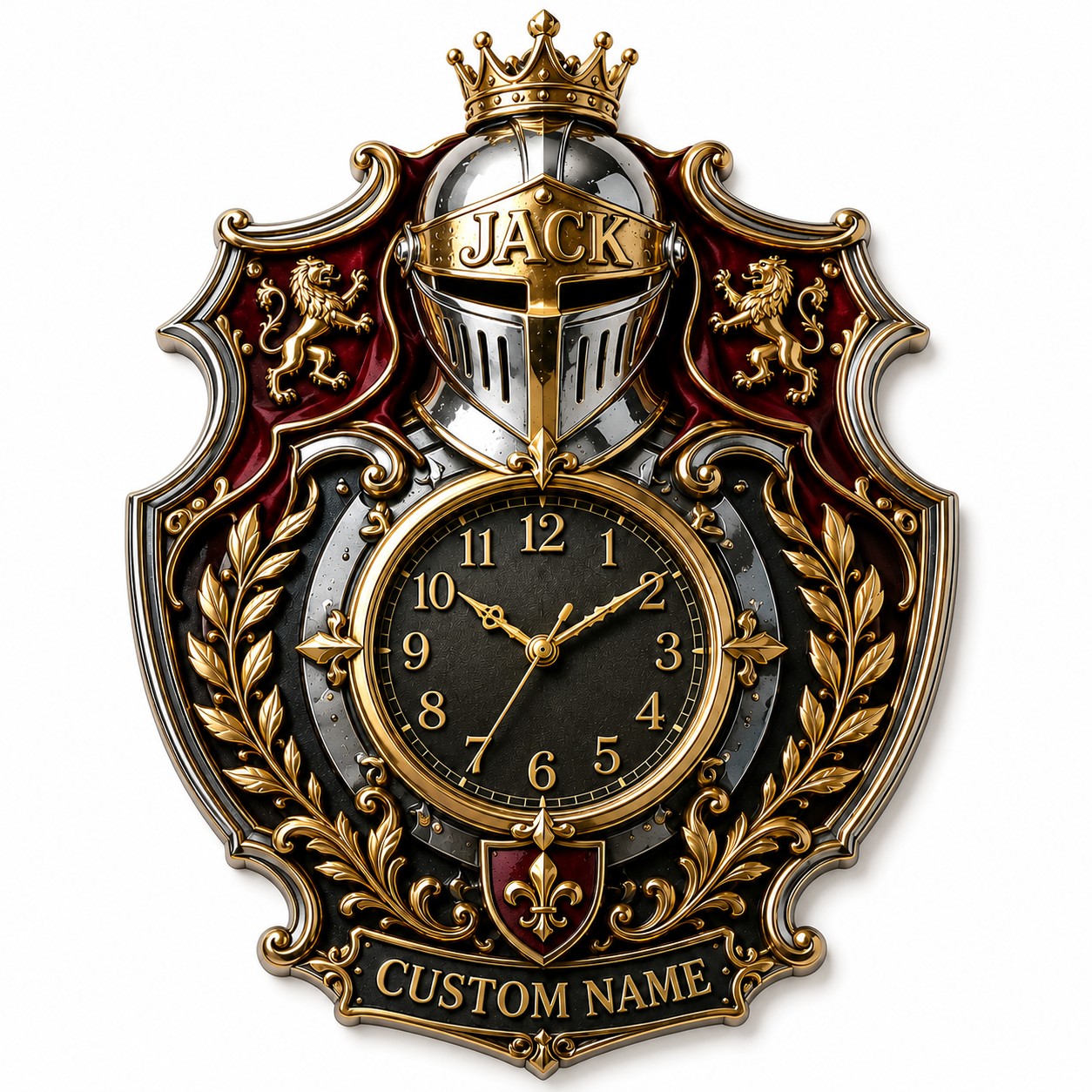 Personalized Royal Heraldry Wall Clock with Custom Name — personalized with a custom name