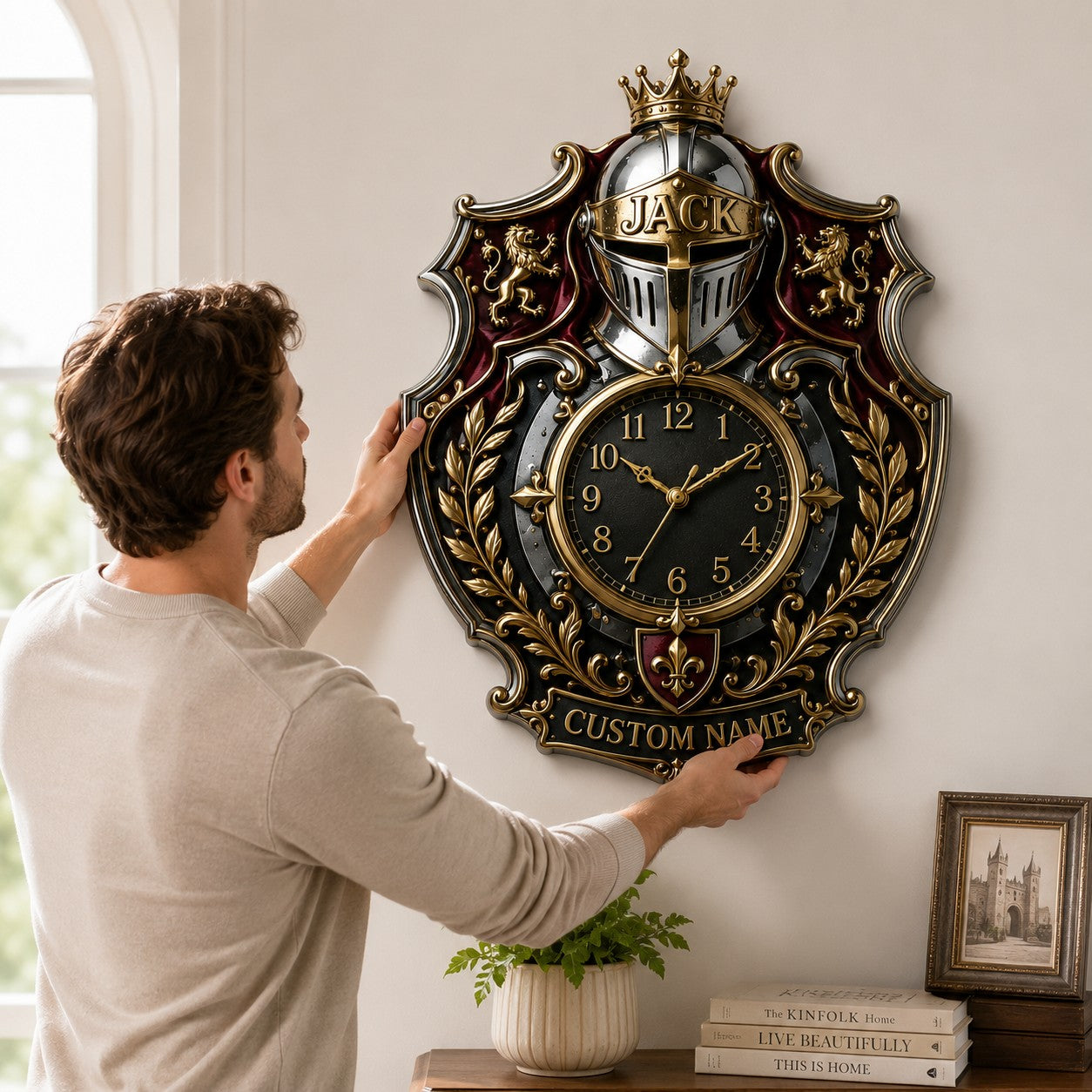 Personalized Royal Heraldry Wall Clock with Custom Name — personalized with a custom name