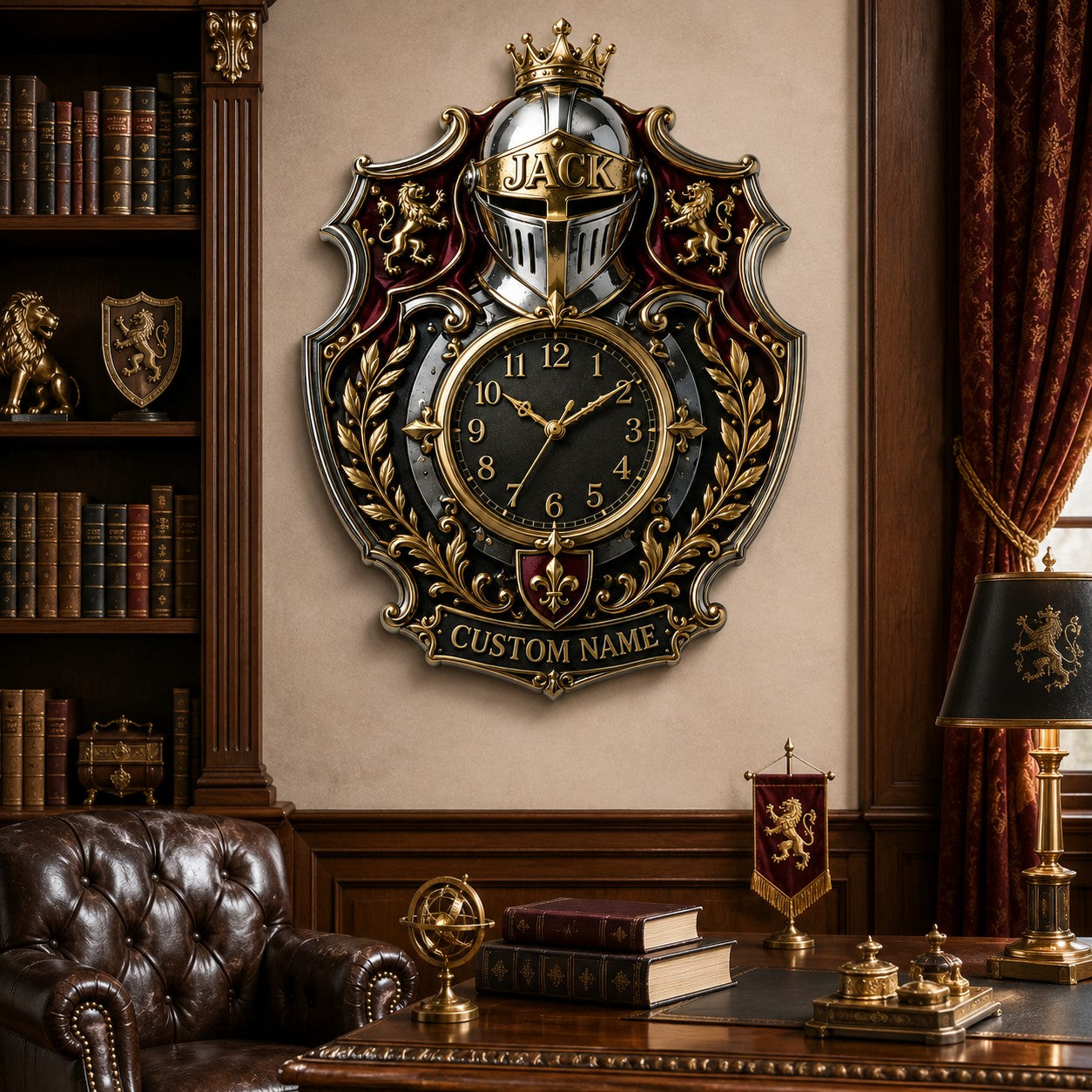 Personalized Royal Heraldry Wall Clock with Custom Name — personalized with a custom name