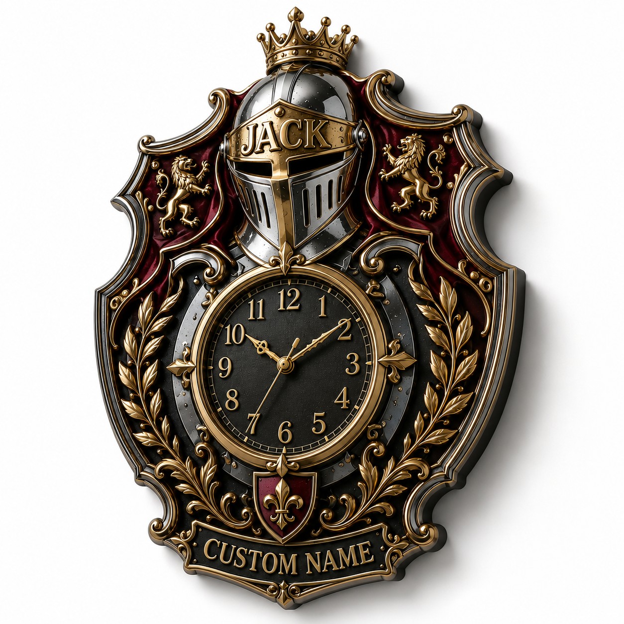 Personalized Royal Heraldry Wall Clock with Custom Name — personalized with a custom name