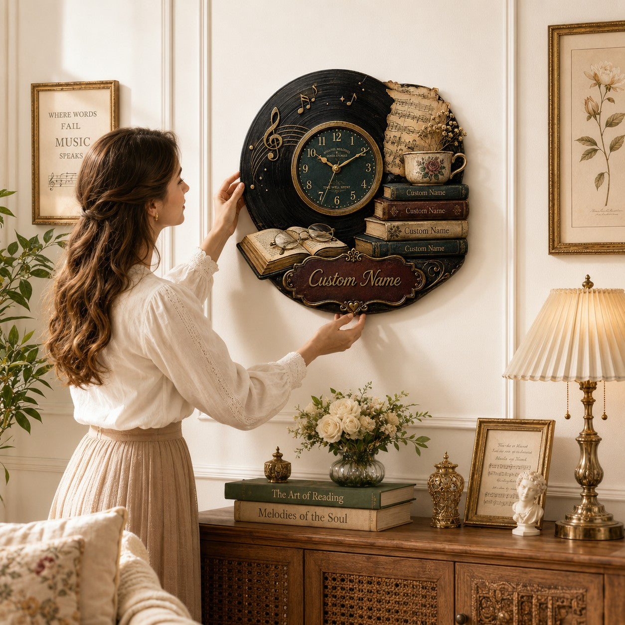 Personalized Vintage Music Book Lovers Wall Clock with Custom Name — personalized with a custom name