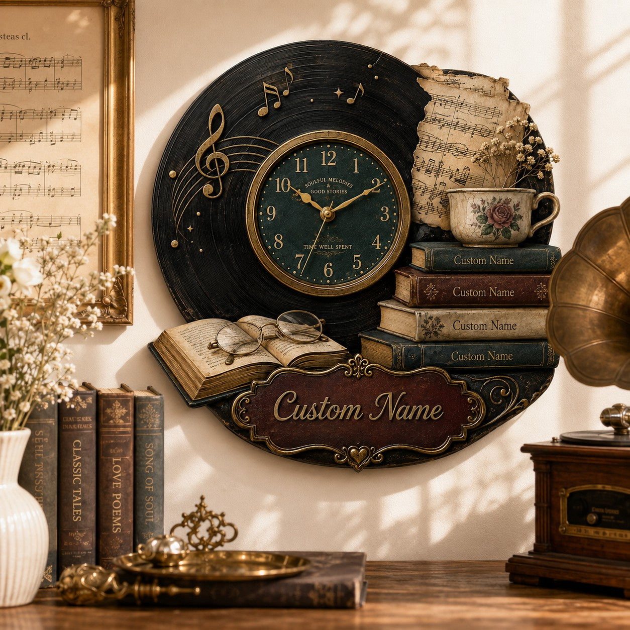 Personalized Vintage Music Book Lovers Wall Clock with Custom Name — personalized with a custom name