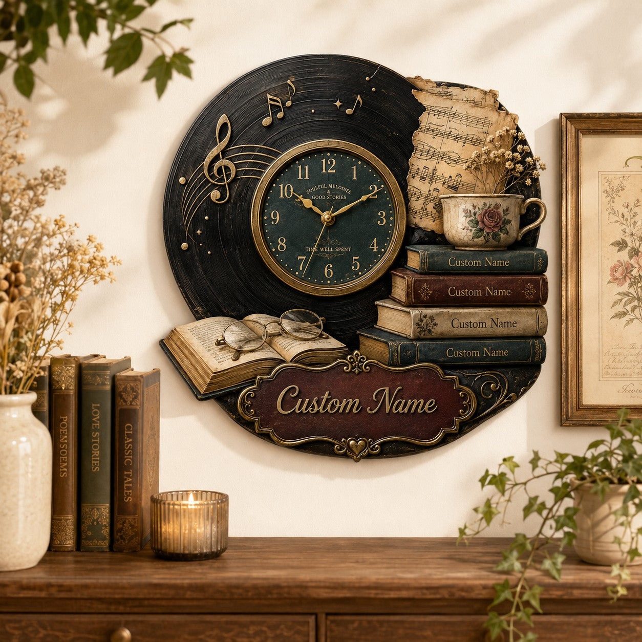 Personalized Vintage Music Book Lovers Wall Clock with Custom Name — personalized with a custom name